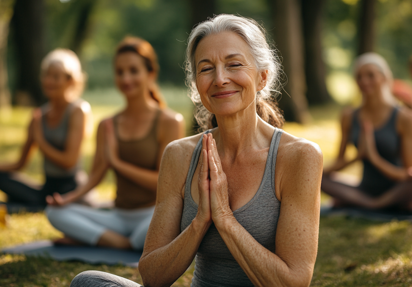 Група старших людей займається йогою на природі
